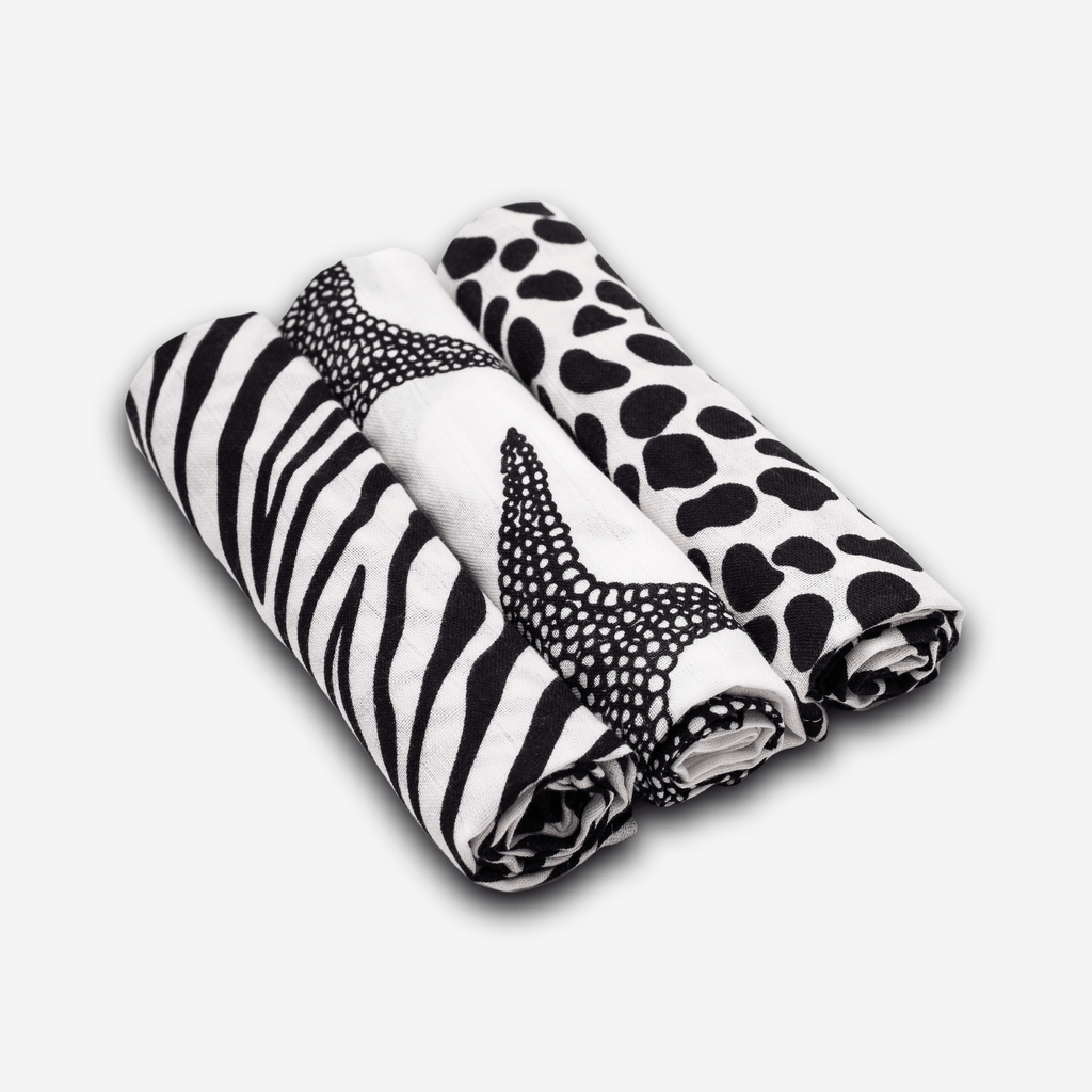 Etta Loves Sensory Baby Muslins 3-Pack — Animal Print, Birth to 4 Months