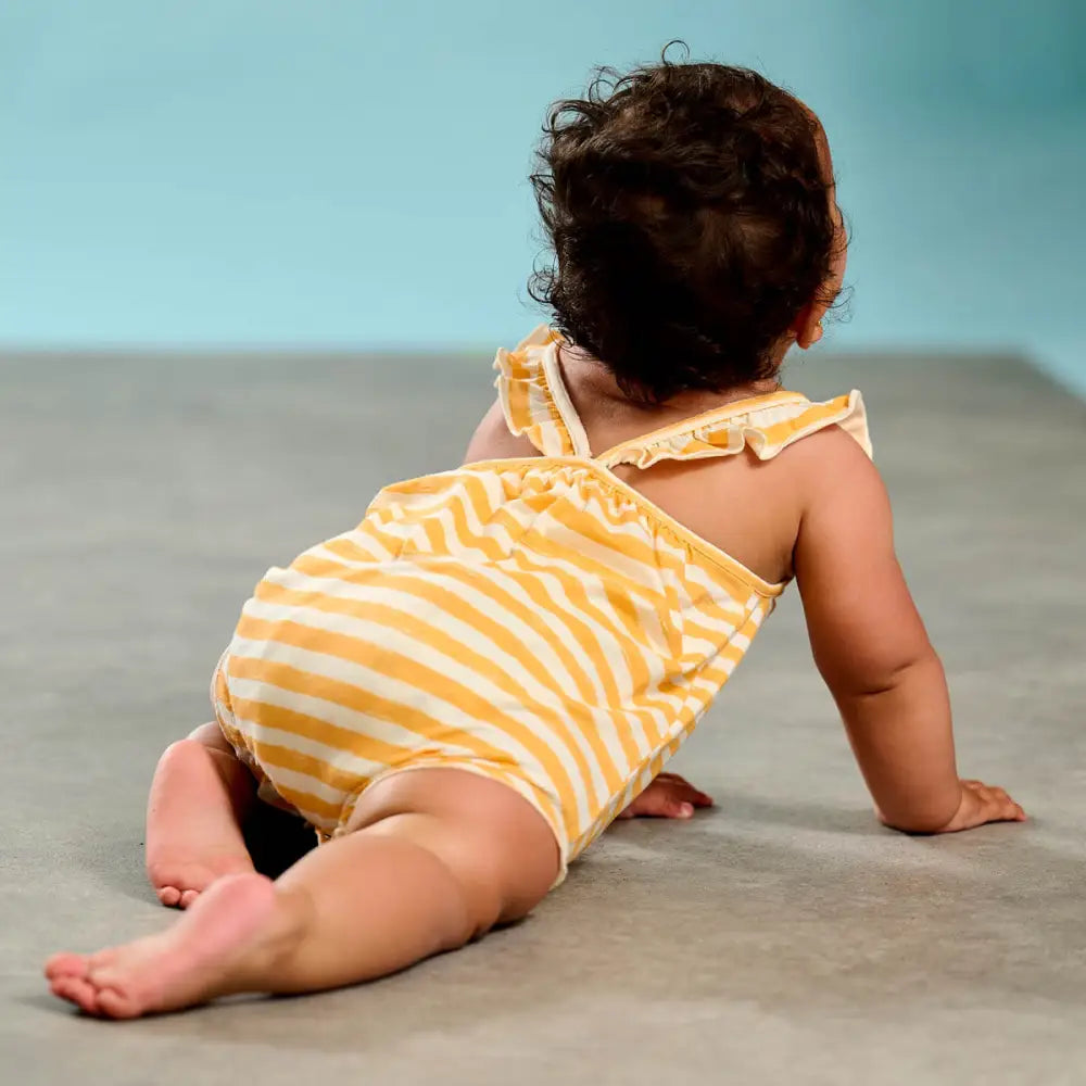 Clarion - Orange Stripe Frill Bubble Romper - The bonniemob 