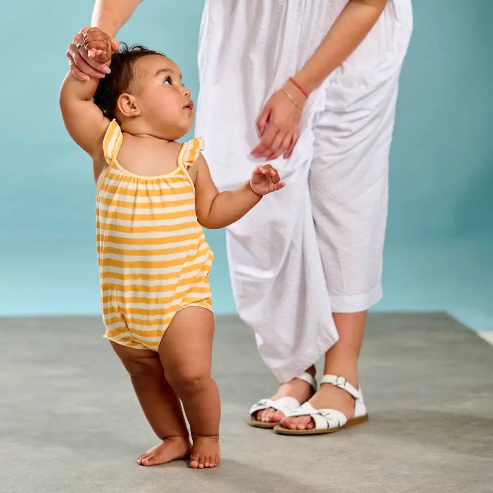 Clarion - Orange Stripe Frill Bubble Romper - The bonniemob 