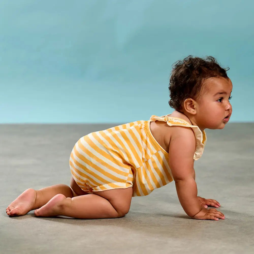 Clarion - Orange Stripe Frill Bubble Romper - The bonniemob 