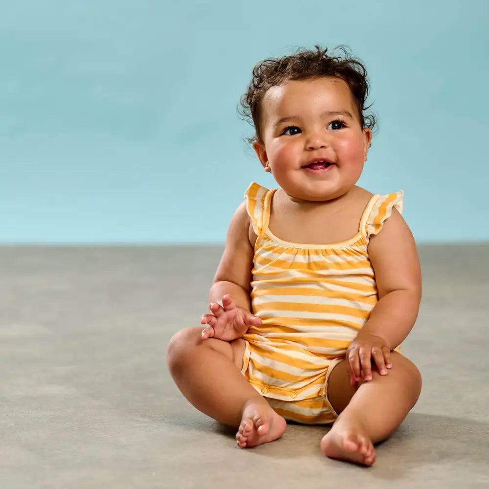 Clarion - Orange Stripe Frill Bubble Romper - The bonniemob 