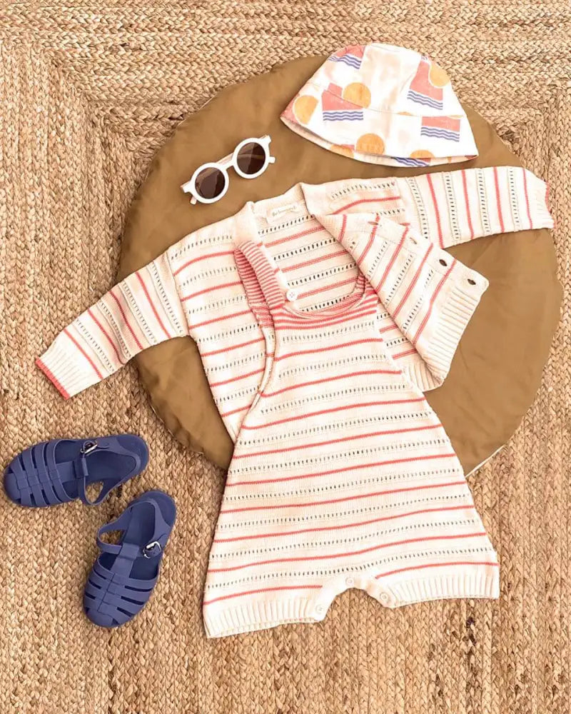 Corfu - Coral Stripe Knit Baby & Toddler Shorty Romper PLAYSUIT / BABYGROW / ROMPER