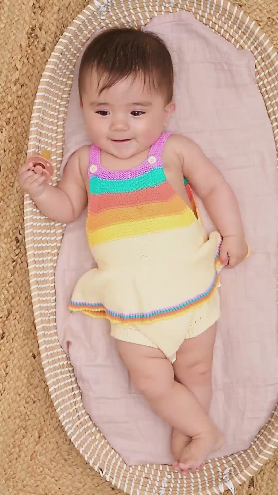 Rainbow Pink Organic Cotton Knit Frill Baby Bubble Romper