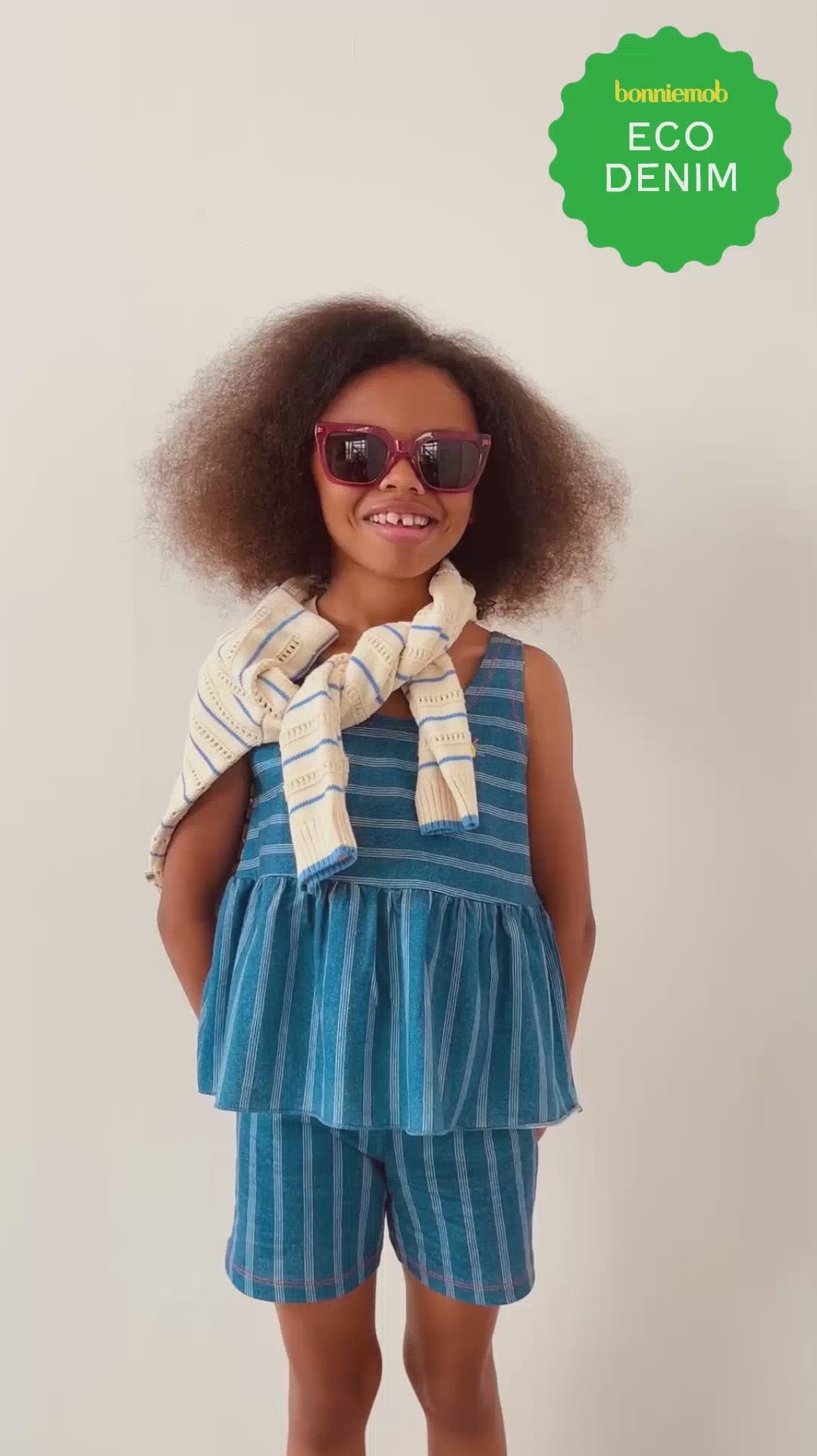 Denim Pinstripe Organic Cotton Girls, Baby and Kids Frill Top