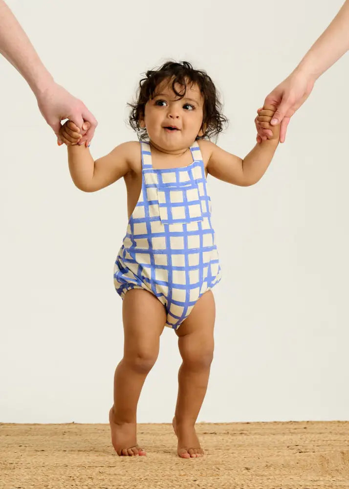 Scooter - Blue Checker Jersey Baby Bubble Romper