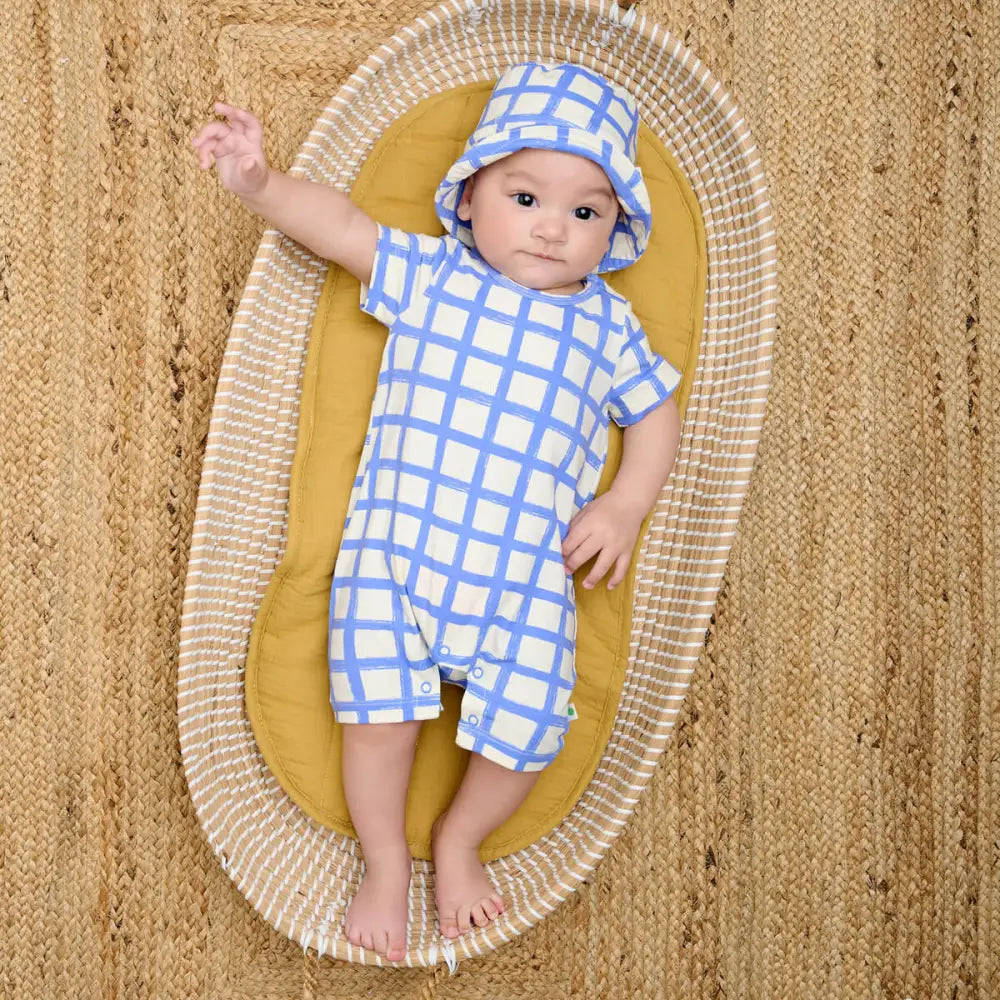 Skiff - Blue Checker Jersey Baby & Toddler Shorty Playsuit