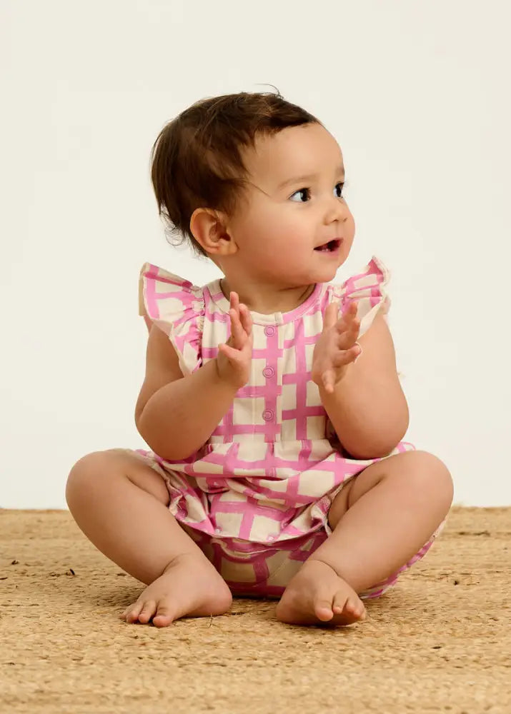 Sundae - Pink Checker Jersey Baby Frill Bubble Romper