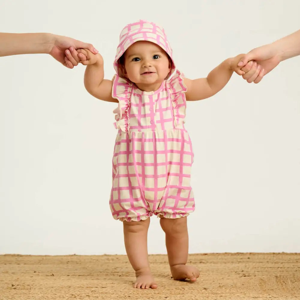 Sundae - Pink Checker Jersey Baby Frill Bubble Romper