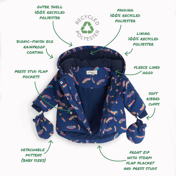 VOXY - Recycled Padded Baby Raincoat - Navy with Rainbow Stars - The bonniemob 