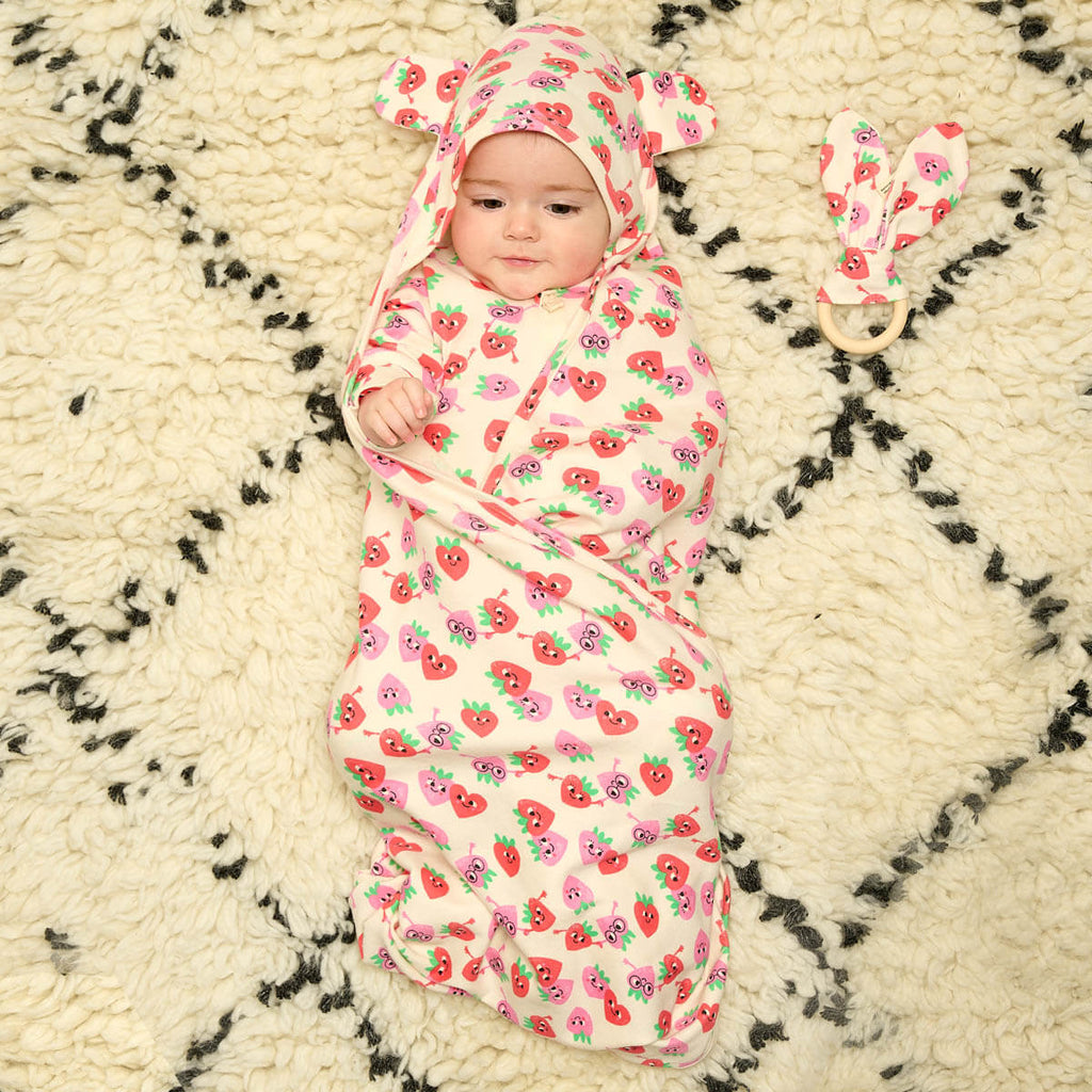 Strawberry Baby Blanket With Hood GOTS Certified Organic Cotton