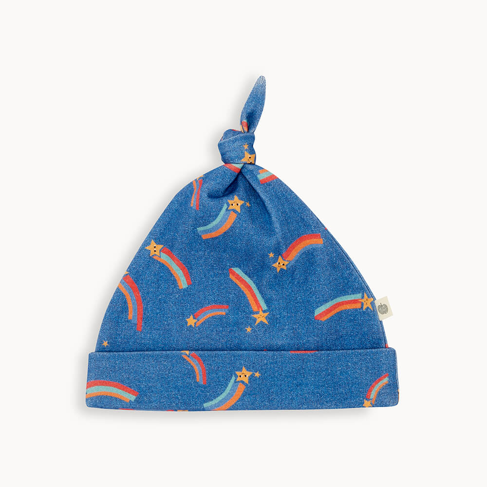 SUNSET - Blue Denim Shooting Star Baby Beanie Hat With Tie Top - The bonniemob 