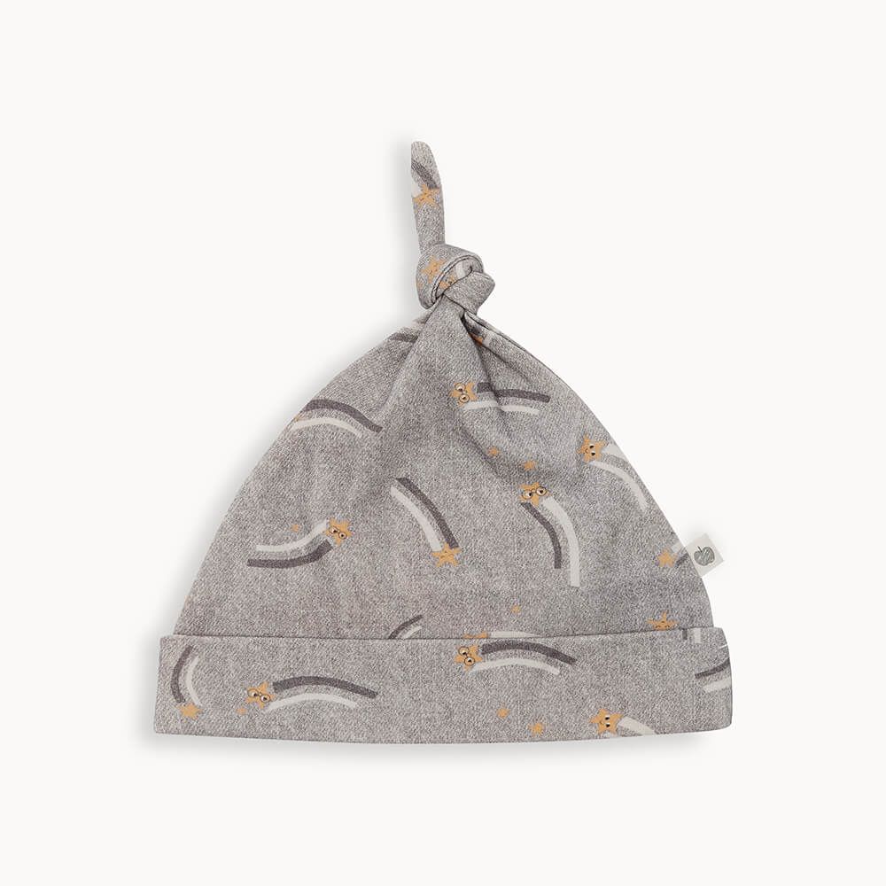 SUNSET - Grey Denim Shooting Star Baby Beanie Hat With Tie Top - The bonniemob 