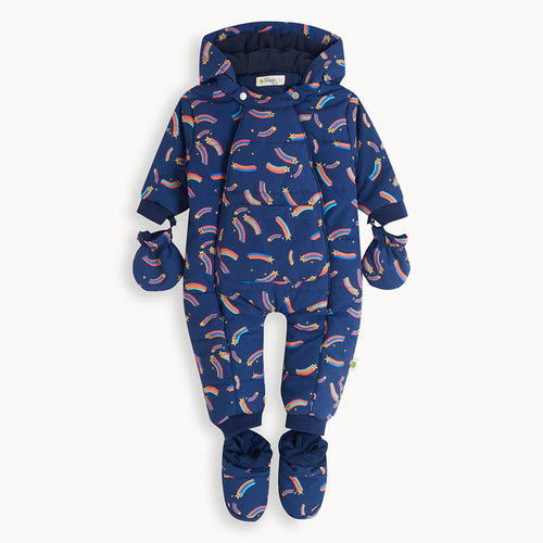 VIVA - Recycled Padded Baby Snowsuit - Navy with Rainbow Stars - The bonniemob 