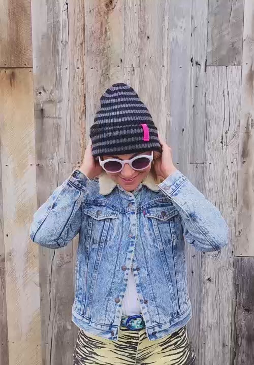 BLACK/GREY Stripe Merino Beanie Hat Womens